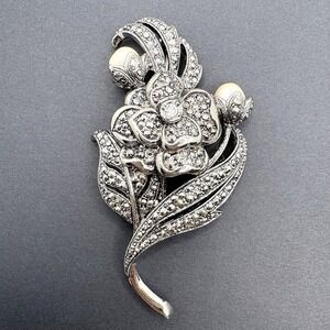 Vintage KJL for Avon Floral Brooch Marcasite Style Faux Pearls Silver Tone 90s